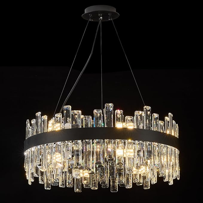 Round Crystal Chandeliers, D23.6 inch 12-Light Black Chandelier Lighting Fixture, Height Adjustable Pendant Ceiling Light for Living Room Dining Room Bedroom