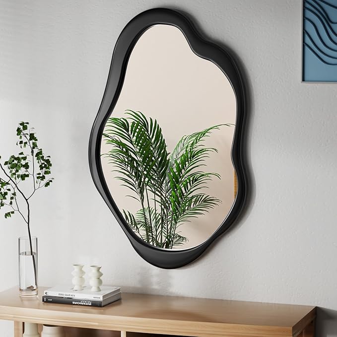 Wavy Mirror, Cloud Mirror, Irregular Wall Mirror with Wood Frame, Modern Decorative Mirror with Hanging Hooks, Asymmetrical Mirror for Bedroom Living Room Entryway (Black, 32×20)