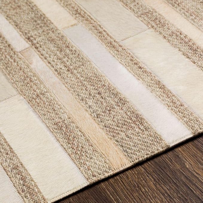 Geometric Pattern Area Rug, Leather and Wool Blend Carpet, Beige and White (Natural Beige/White-119, 4x6)