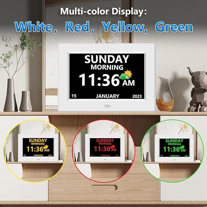 7 Inch Digital Clock with Day and Date for Elderly Alzheimer's Clock Customizable Alarms 3 Display Modes Large Font Alarm Clock for Seniors Auto DST White