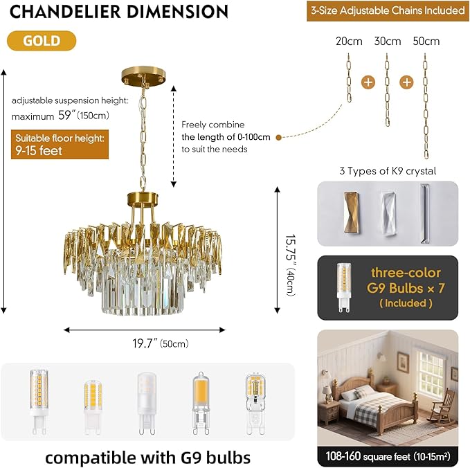 Modern Gold Round Crystal Chandelier - 19.7'' Luxury K9 Crystals Chandeliers for Dining room,3 Tier Raindrop Chandelier for Living room,Contemporary Light Fixture for Bedroom Foyer Entryway Kitchen