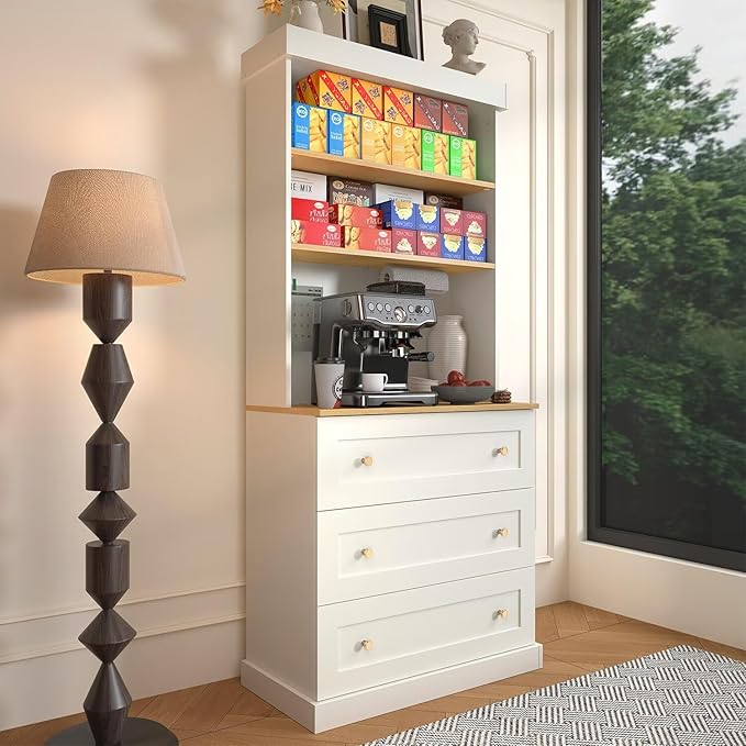 71" Farmhouse Kitchen Pantry Cabinet Set of 4 with Drawers, White Freestanding Coffee Bar Hutch with Microwave Stand, Large Storage Cabinet with Adjustable Shelves for Kitchen, Living Room