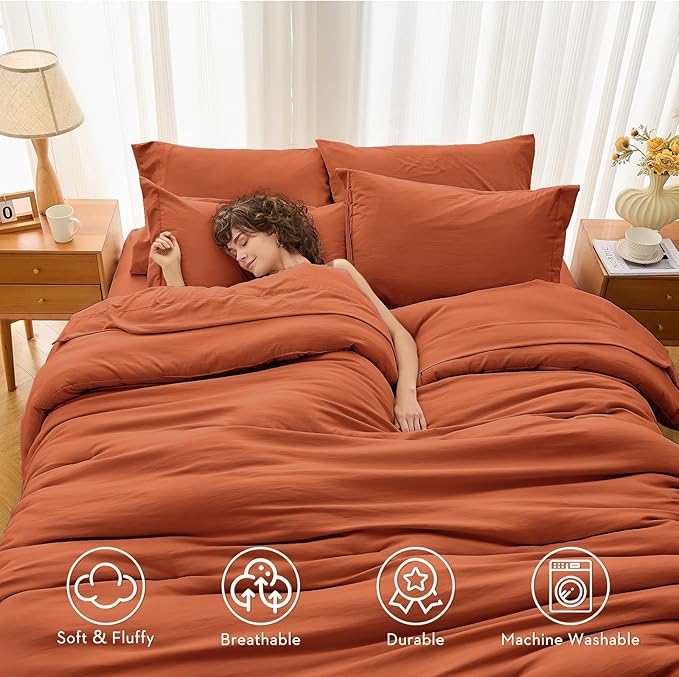 MUXHOMO 5 Pieces Twin XL Comforter Set, Soft Bed in a Bag Twin XL Size, All Season Bedding Set with Comforter, Flat Sheet, Fitted Sheet, Pillowcases & Shams, Burnt Orange