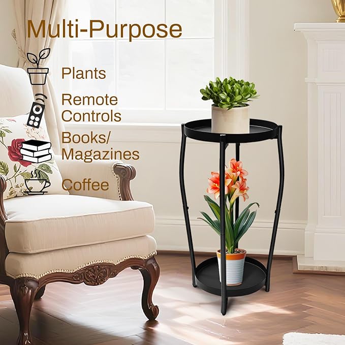 Plant Stand Indoor, 2 Tier Tall Plant Stands, 4-Leg Metal Flower Stand, Heavy Duty Plant Shelf Plant Rack Flower Stands for Living Room, Black