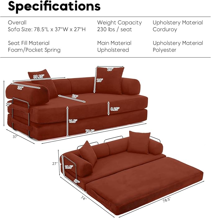 Convertible Sleeper Sofa Bed with Cylindrical Pillow, Corduroy Folding Boneless Couch with Fixed-Shape Frame, Floor Sofa Lounge Couch for Living Room Bedroom Lounge Studio-Ancora Red