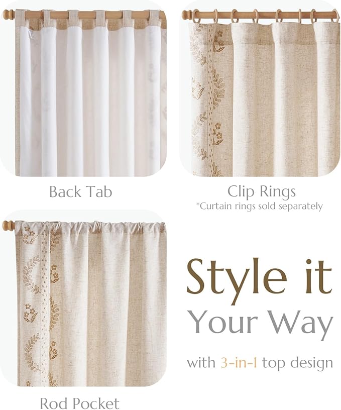 jinchan Belrose Lined Linen Blend Curtains Boho Floral Curtains for Bedroom 63 Inch Length Beige Embroidered Drapes Rod Pocket Farmhouse Flower Drapes for Living Room Window Treatments Set 2 Panels