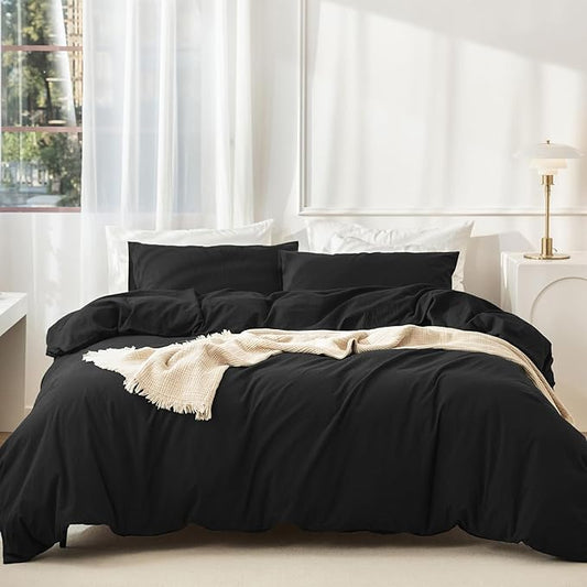 JIYUAN 100% Washed Cotton Duvet Cover Set 3 Pieces Queen, 1 Duvet Cover 90x90 Inches(Comforter Not Included) and 2 Pillowcases,Linen Feel Bedding Set Comfy and Breathable,Black