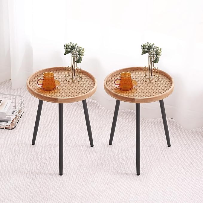 Tiita 2 Pack Rattan Round End Table Mental Side Table Nightstand/Small Wood Tables Accent Coffee Table with Wooden Tray for Living Room Bedroom Office Small Space