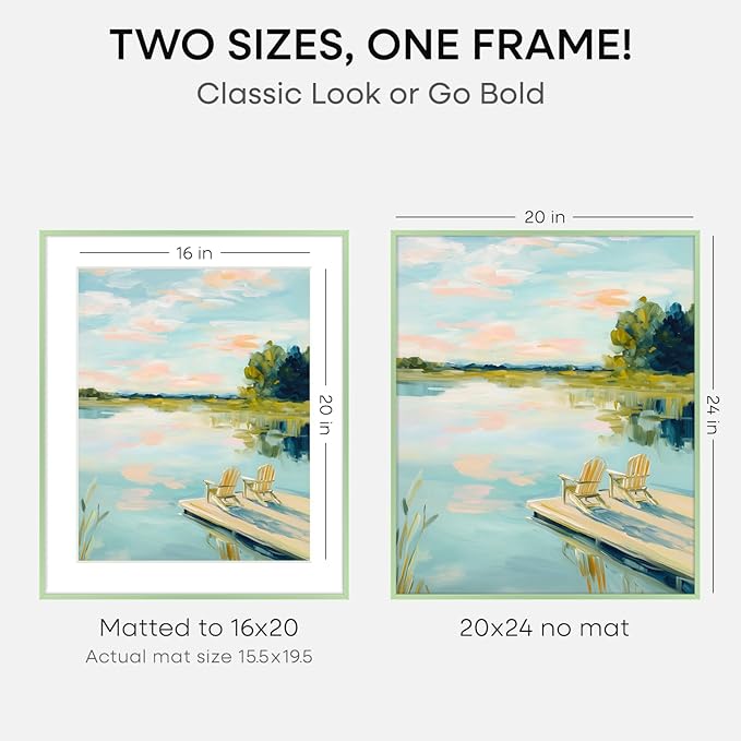 Homeforia 20x24 Frame Sage Green, High End Metal 20x24 Poster Frames with Mat 16x20 inch Photo, 20 x 24 Sage Green Picture Frame Matted to 16 by 20 Art, 24x20 Frame, Tempered Glass, Wall Kit, Set of 1
