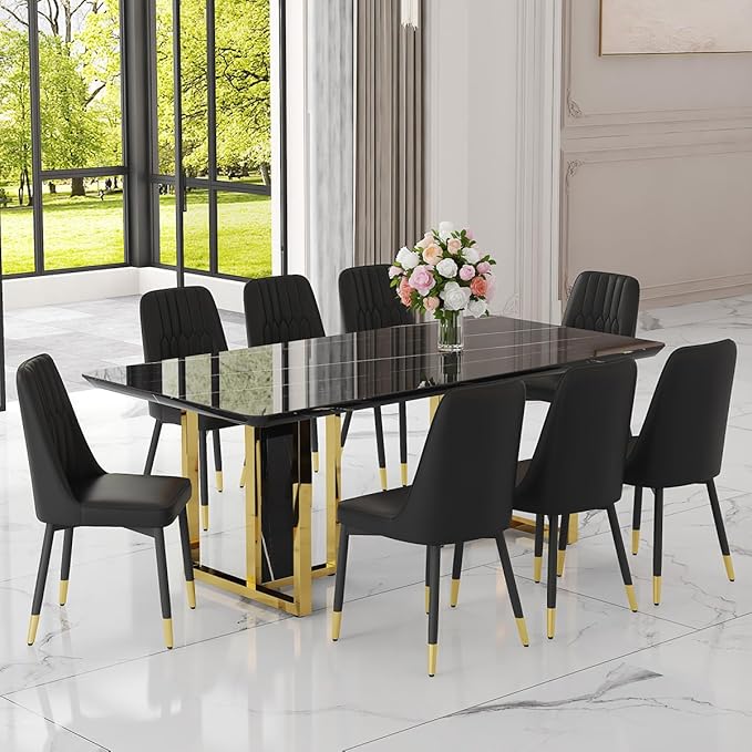 TesNus 79" Black Dining Table Set for 8 with Chairs,Large Faux Marble Kitchen Table and Chairs Set Rectangular 9 Piece Dining Room Set with Gold Metal Legs,Easy Assemble,Stable Base