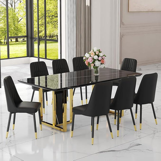 TesNus 79" Black Dining Table Set for 8 with Chairs,Large Faux Marble Kitchen Table and Chairs Set Rectangular 9 Piece Dining Room Set with Gold Metal Legs,Easy Assemble,Stable Base