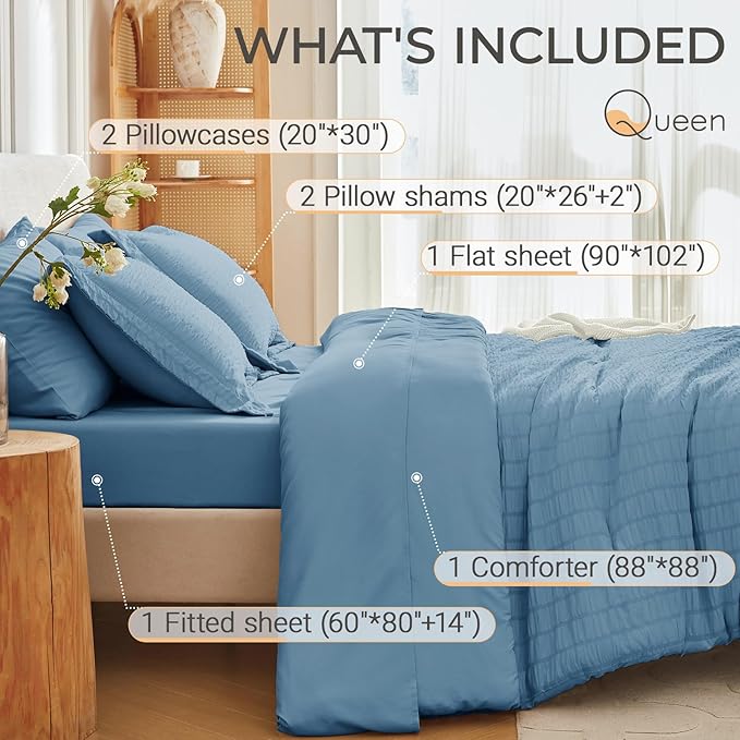 MUXHOMO 7 Pieces Queen Comforter Set, Seersucker Bed in a Bag Queen Size, All Season Luxury Bedding Set with Comforter, Flat Sheet, Fitted Sheet, Pillowcases & Shams, Mineral Blue