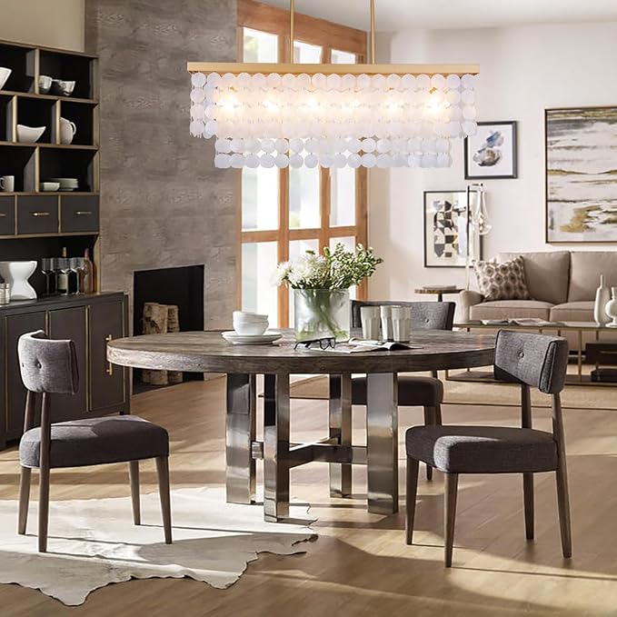 TOCHIC Rectangular Capiz Shell Chandelier, Coastal Beach Lighting 6 Lights, Modern Gold Chandelier Shell Pendant Light for Kitchen Island, Dining Rooms, 2 Tier, 39.3in L