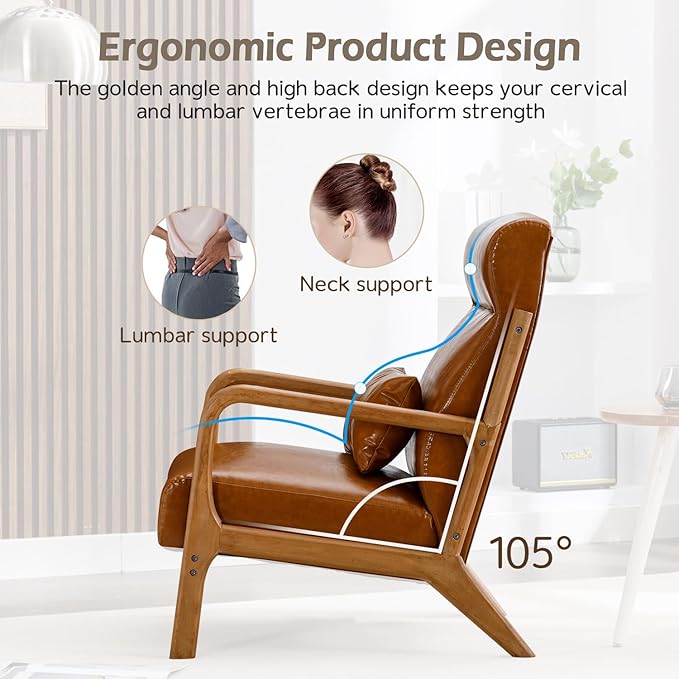 INZOY Mid Century Modern Accent Chair Set of 2, High Back Reading Armchair with Wood Frame, PU Leather Living Room Chairs with Waist Cushion, Single Lounge Arm Chair for Bedroom Sunroom, Camel