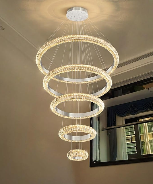 5 Ring Large Crystal Chandelier Modern LED Dimmable High Ceiling Chandelier Ring Contemporary Pendant Light Fixture for Living Room Foyer Staircase Gold D40''