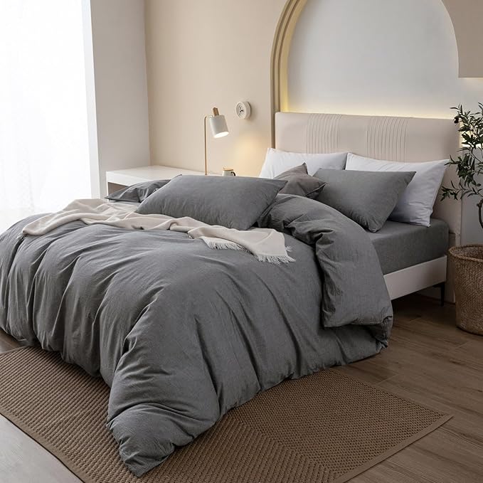 JIYUAN 100% Washed Cotton Duvet Cover Set 3 Pieces King, 1 Duvet Cover 104x90 Inches (Comforter Not Included) and 2 Pillowcases,Linen Feel Bedding Set Comfy and Breathable, Heathered Dark Grey
