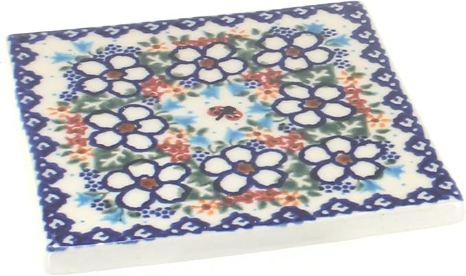 Blue Rose Polish Pottery - Red Scarlett Tile - 4.5" Square - Ceramic Decorative Tile for Kitchen Backsplash, Trivet or Wall Art