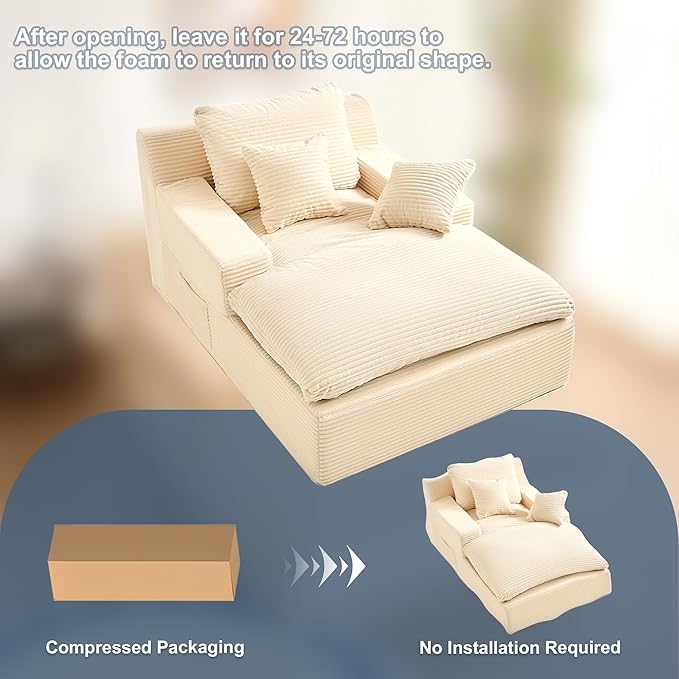 63" Oversized Chaise Lounge Chair Indoor, Extra Cloud Layer, Convertible Sleeper Sofa Couch with Removable Pillows & Side Pockets, Corduroy Upholstered Sofa Bed with Armrests for Living Room, Beige