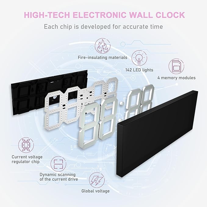 LED Large Digital Wall Clock, Oversize Wall Clock with 6” Numbers, Remote Control Count up/Countdown Timer Clock, Auto Dimmer, Big Calendar and Thermometer(Purple)