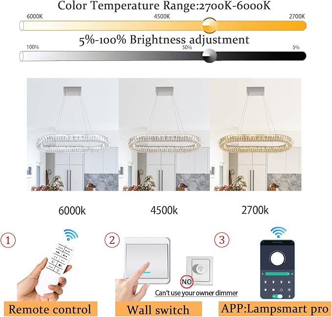 Oval Crystal Chandelier, 40'' Chrome Crystal Ring Pendant Light for Kitchen Island Modern Linear Oval Chandeliers for Dining Room Dimmable 3000K-6000K