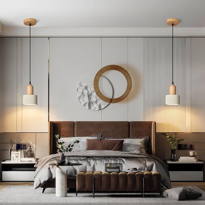 Modern Cement Pendant Lights White Chandelier Wooden Ceiling Lamps for Kitchen Island Bedroom Dining Room Living Room bar（1 Pack）