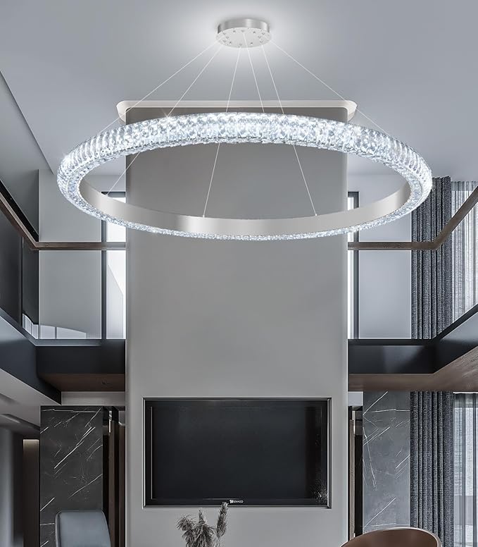 40" 1 Ring Crystal Chandelier Modern LED Dimmable Ring Pendant Light Chandelier for Dining Room Living Room Silver