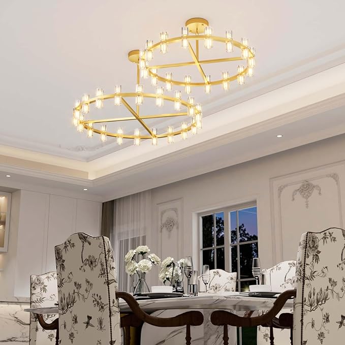 D40 Gold Wagon Wheel Chandelier Modern 40-Lights Gold Round Chandeliers Glass Chandeliers for Dining Room,Living Room Vintage Chandelier