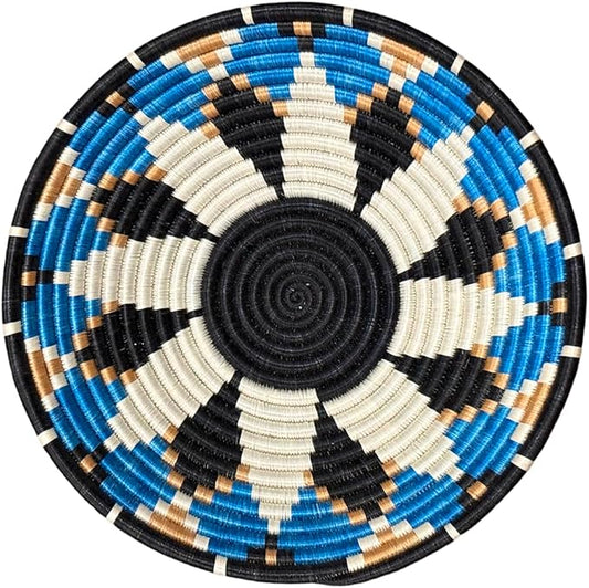 Handwoven African Basket Handmade sisal Fruit Bowl Wall Hanging decorative Baskets for Home Living Room Kitchen Centerpiece Zen Designs Arts and Crafts (Blue Black, 8in diameter)