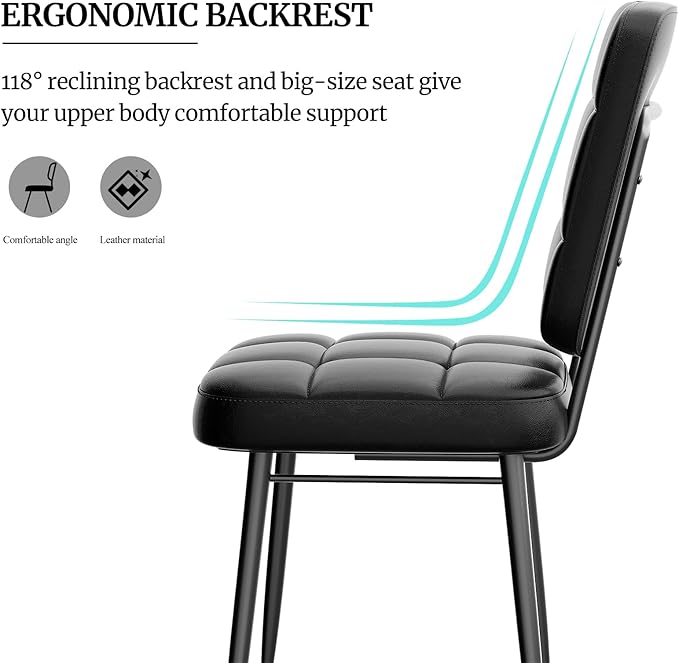 Leather Dining Chairs Set of 4, Upholstered Dining Room Kitchen Chairs with Thick Cushion, High Backrest, Metal Legs, Mid Century Modern Side Chair for Living Room Cafe Restaurant, Ink Black