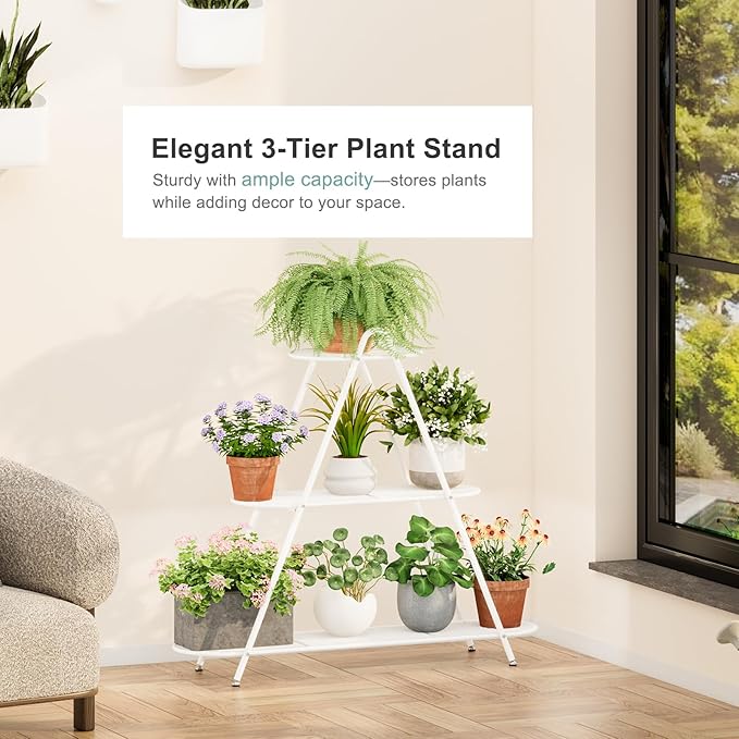 3-Tier Plant Stand, Heavy Duty Metal Planter Rack - White Indoor/Outdoor Shelves with Large Tier’s Shelf - Display Multiple Flower Pots, Iron Plant Organizer for Living Room, Patio & Garden