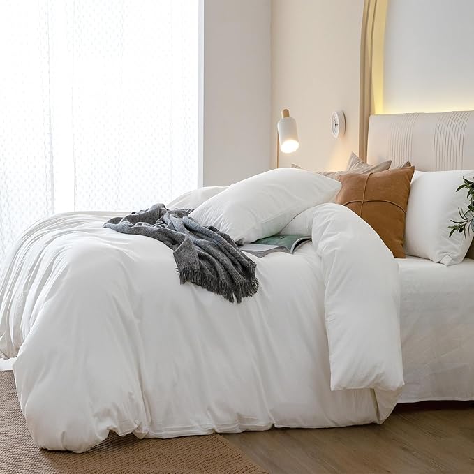 JIYUAN 100% Washed Cotton Duvet Cover Set 3 PCS Super King Plus, 1 Duvet Cover 120x120 Inches(Comforter Not Included) and 2 Pillowcases,Linen Feel Bedding Set Comfy and Breathable,Bright White