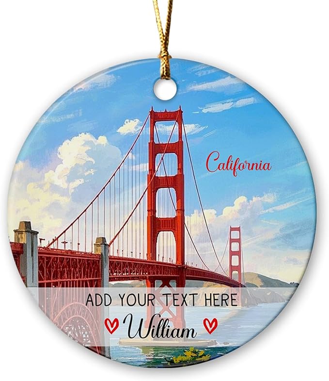 Personalized Golden Gate Bridge San Francisco Ceramic Ornament Christmas Tree 2025, USA Golden Gate Bridge Xmas Ornament Gift for Travel Lovers, Custom Text/Name California Travel Souvenir Ornaments