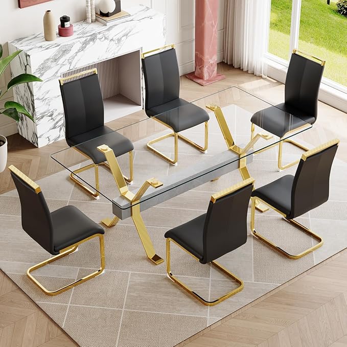 7 Piece Glass Dining Table Set, Kitchen Table Chairs Set for 6, 71'' Dining Table with 0.4" Tempered Glass Tabletop with Plated Metal Legs and MDF Crossbar, 6 PU Chairs for Dining Room, Kitchen.
