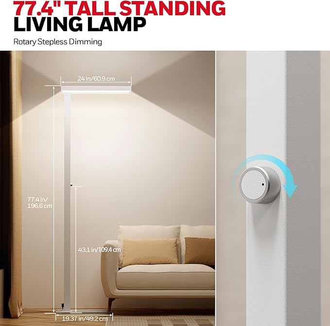 Honeywell 16000LM LED Floor Lamp, 02E Max Sunturalux Eye-Caring Reading Standing Light, 155W Modern Natural Daylight 4000K Dimmable 77" Tall Floor Lamps for Living Room for Kids Study Home Office