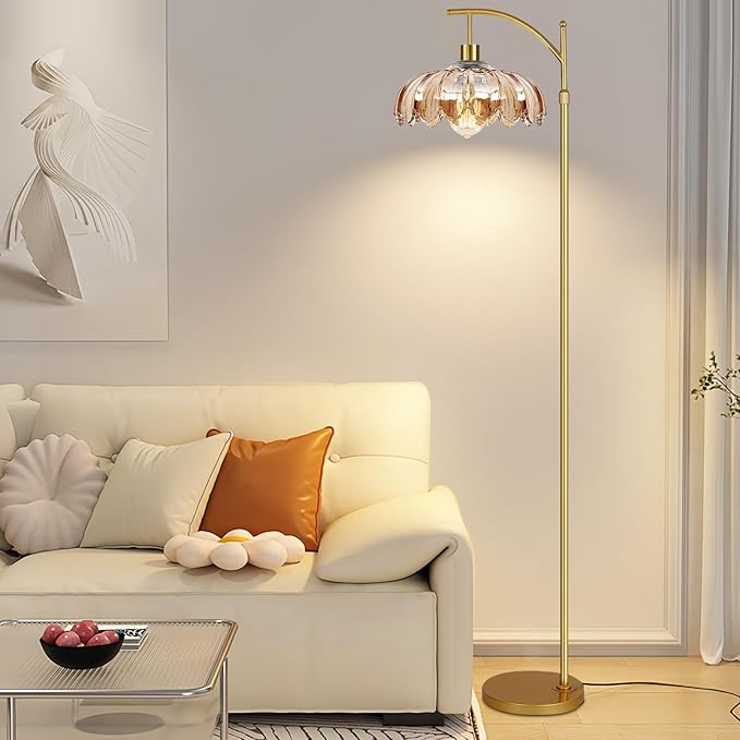 Gold Floor Lamp for Living Room,Bedroom,Mid Century Modern Standing Lamp with Remote,Dimmable Brass Tall Lamp Amber Glass Vintage Retro Arc Floor Lamps Flower Floor Light Boho Bohemian