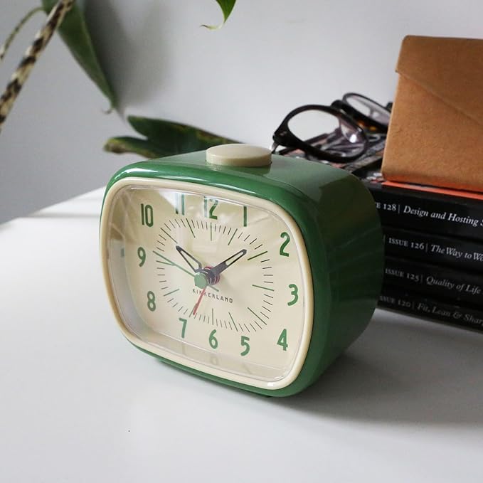 Kikkerland Retro Alarm Clock – Vintage Decor for Bedroom, Nightstand, Living Room, or Office – Battery Operated, Glow in The Dark, Decorative Analog Clock, Green