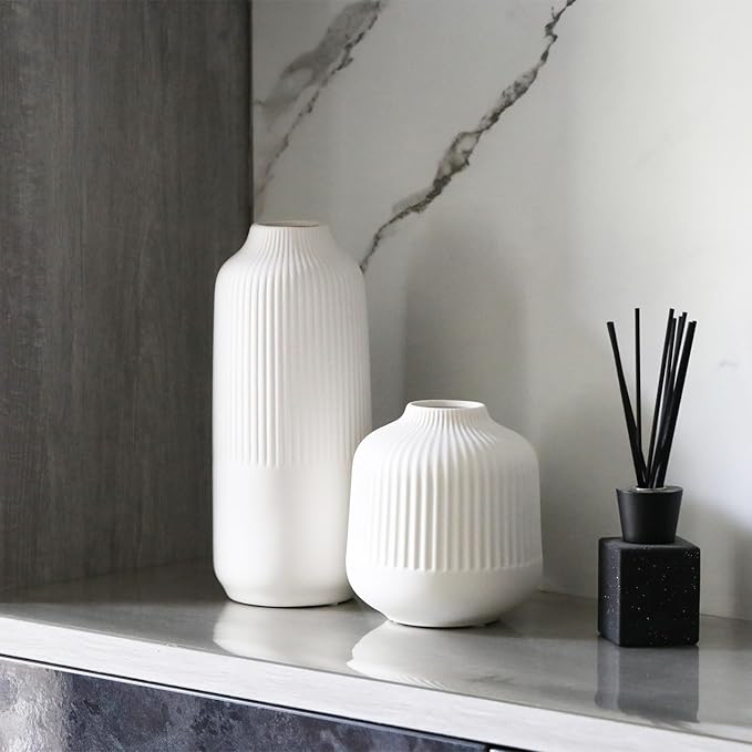 White Ceramic Vase for Flowers, 6 Inch Flower Vases Home Decor, Boho Vases for Pampas Grass,Vase for Centerpieces Living Room Table Entryway Shelf