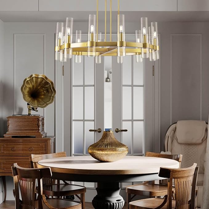 Knurldon12 Light Brass Round Chandelier 36" Wagon Wheel Chandeliers for Dining Room Light Fixture Clear Glass Tube Chandelier Modern Farmhouse Chandeliers for LivingRoom Foyer, Bulb Included