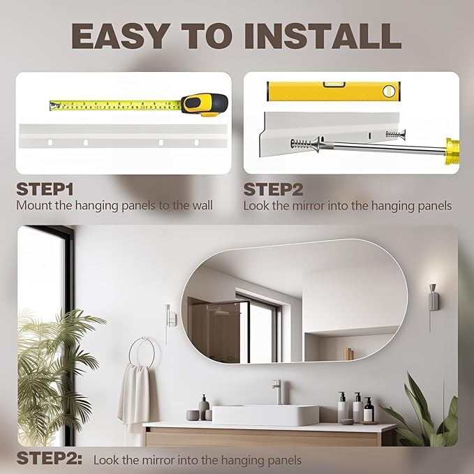 48"x24" Frameless Mirror Wall Mirror, Modern Oval Bathroom Mirror with Polished Edge, Hang Horizontally or Vertically, for Bedroom Bathroom Livingroom Gym Entryway and More