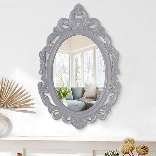 Oval Wooden Hanging Mirror - Grey Carved Frame Wall Mirror Rustic Vintage Decorative Aesthetic for Vanity Bedroom Living Room Entryway Farmhouse 24"x16"
