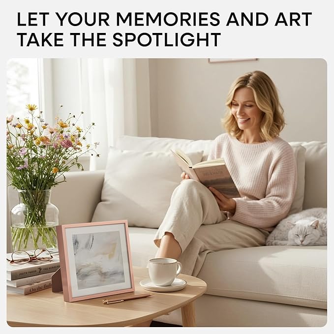 Homeforia Rose Gold Frame 8x8, High End Metal 8 x 8 Square Picture Frames with Mat 6 x 6 Art, 8x8 Photo Frame Matted to 6x6 inch Print, 8by8 Wall or Tabletop Frames, Tempered Glass, Wall Kit, Set of 2