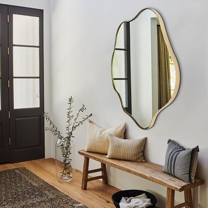 Gold Irregular Mirror, Scalloped Rounded Mirror, 30"x26.8" Asymmetrical Wall Mirrors, Wavy Decorative Mirrors for Living Room Bathroom Bedroom Hallway Entryway Fireplace