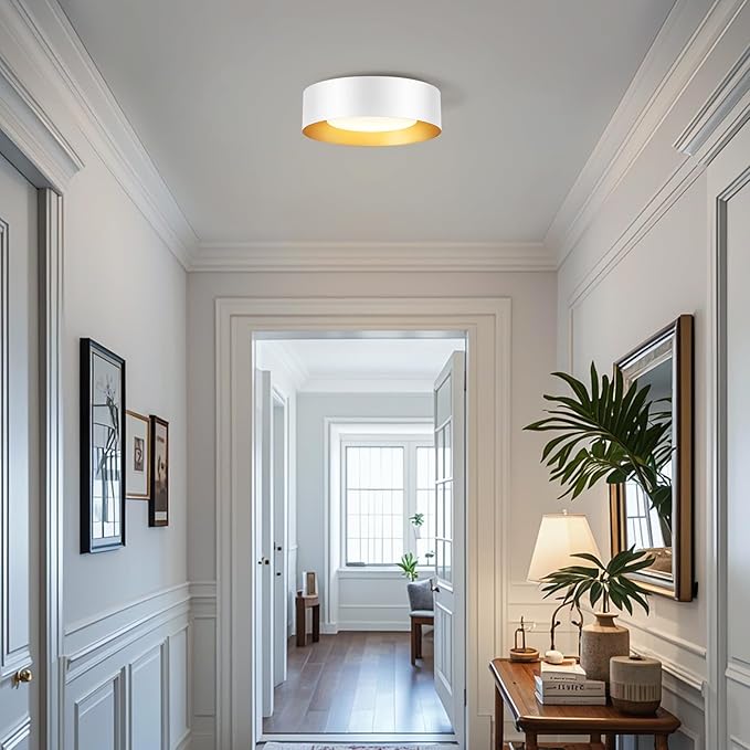 Modern Flush Mount Ceiling Lights,Minimalist 12.5IN Round Close to Ceiling Light Fixtures,White and Gold Metal Ceiling Lighting Lamp for Kitchen,Bedroom, Entryway,Hallway