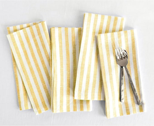 Solino Home Linen Napkins Set of 4-100% Pure Linen Amalfi Stripe Primrose Yellow and White Cloth Dinner Napkins 20 x 20 Inch - Handcrafted and Machine Washable