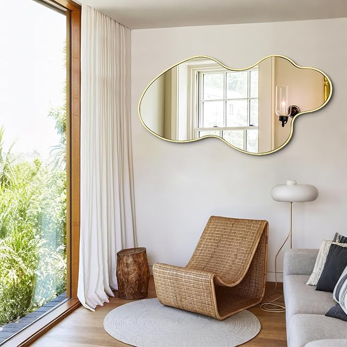 Gold Irregular Mirror, 23.6"x46.5" Asymmetrical Wall Mirror, Large Waved Mirrors with Metal Frame, Cloud Shaped Mirrors for Living Room Bathroom Bedroom Hallway Entryway Fireplace