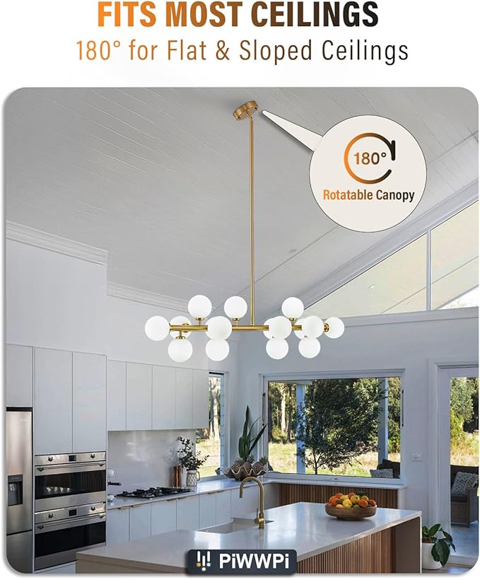 Glass Globe Sputnik Chandelier, 16-Light Mid Century Modern Light Fixture Over Table, Linear Chandeliers for Dining Room, Kitchen Island, Brass Gold and Milk White Bubble, 40 Inch, GC-02