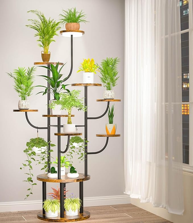 60" Tall Indoor Plant Stand 10 Tiered Adjustable with Grow Light,Metal Rotating Plant Shelf for Multiple Plant Display Indoor, Flower Holder Stand for Living Room,Bedroom,Office,Balcony