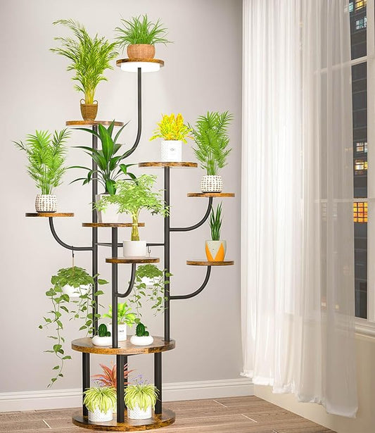 60" Tall Indoor Plant Stand 10 Tiered Adjustable with Grow Light,Metal Rotating Plant Shelf for Multiple Plant Display Indoor, Flower Holder Stand for Living Room,Bedroom,Office,Balcony