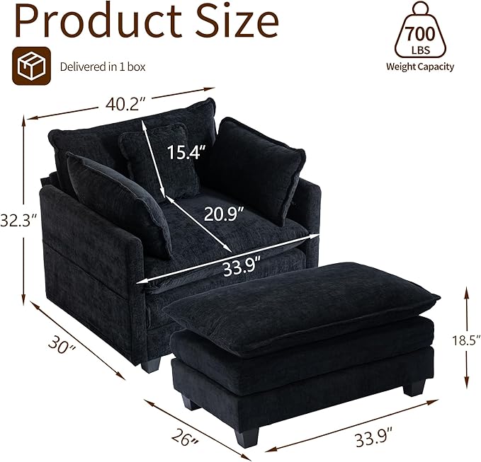 SweetGO corporation 40" Chenille Lounge Chair for Reading, Modern Couch Cozy Sofa Bed, Upholstered Living Room Single Sofa Accent Chair with Ottoman, Black