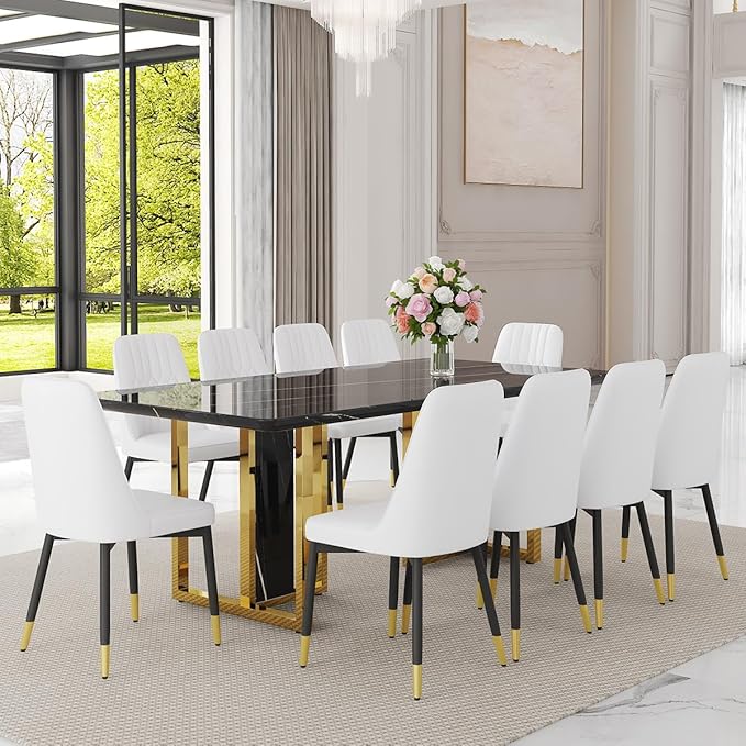 TesNus 79" Black Dining Table Set for 10 with Chairs,Large Faux Marble Kitchen Table and Chairs Set Rectangular 11 Piece Dining Room Set with Gold Metal Legs,Modern Design,Easy Assemble,Stable Base